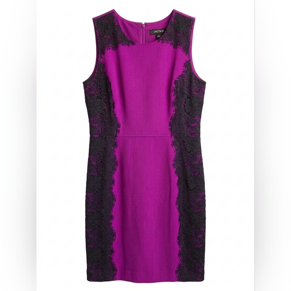 Chetta B Fuchsia Midi Dress with Black Lace Panels